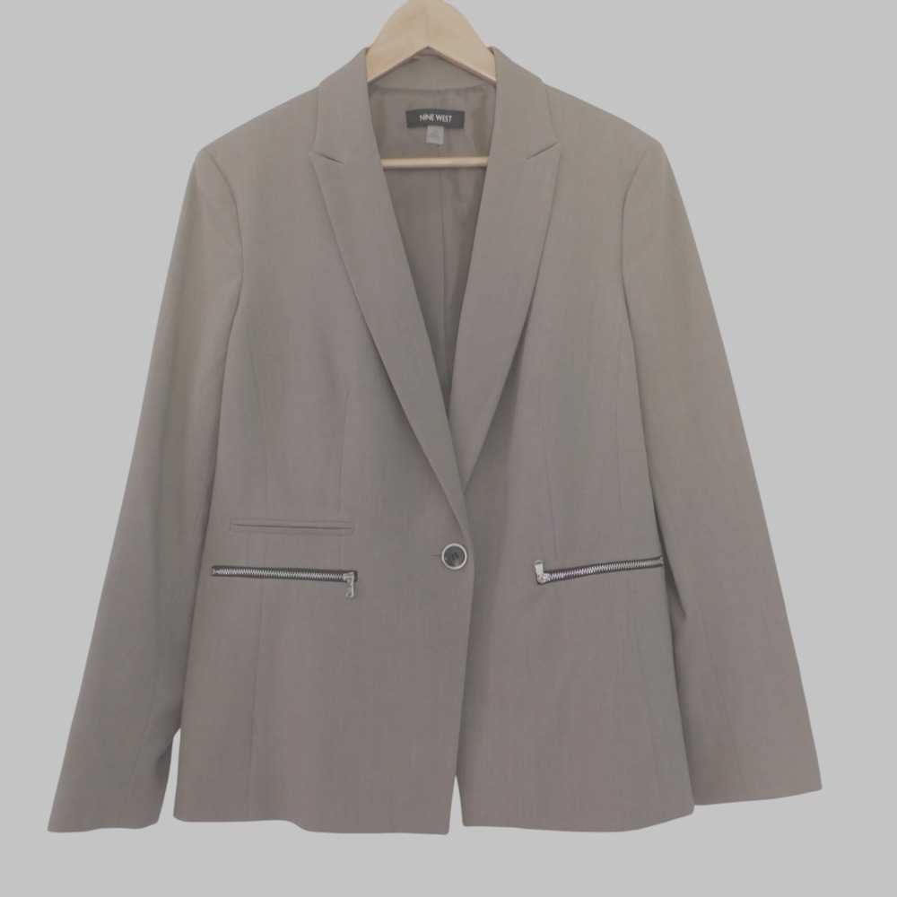 Nine West Womens Light Gray Blazer Zip Pockets One Button Lined Size 14